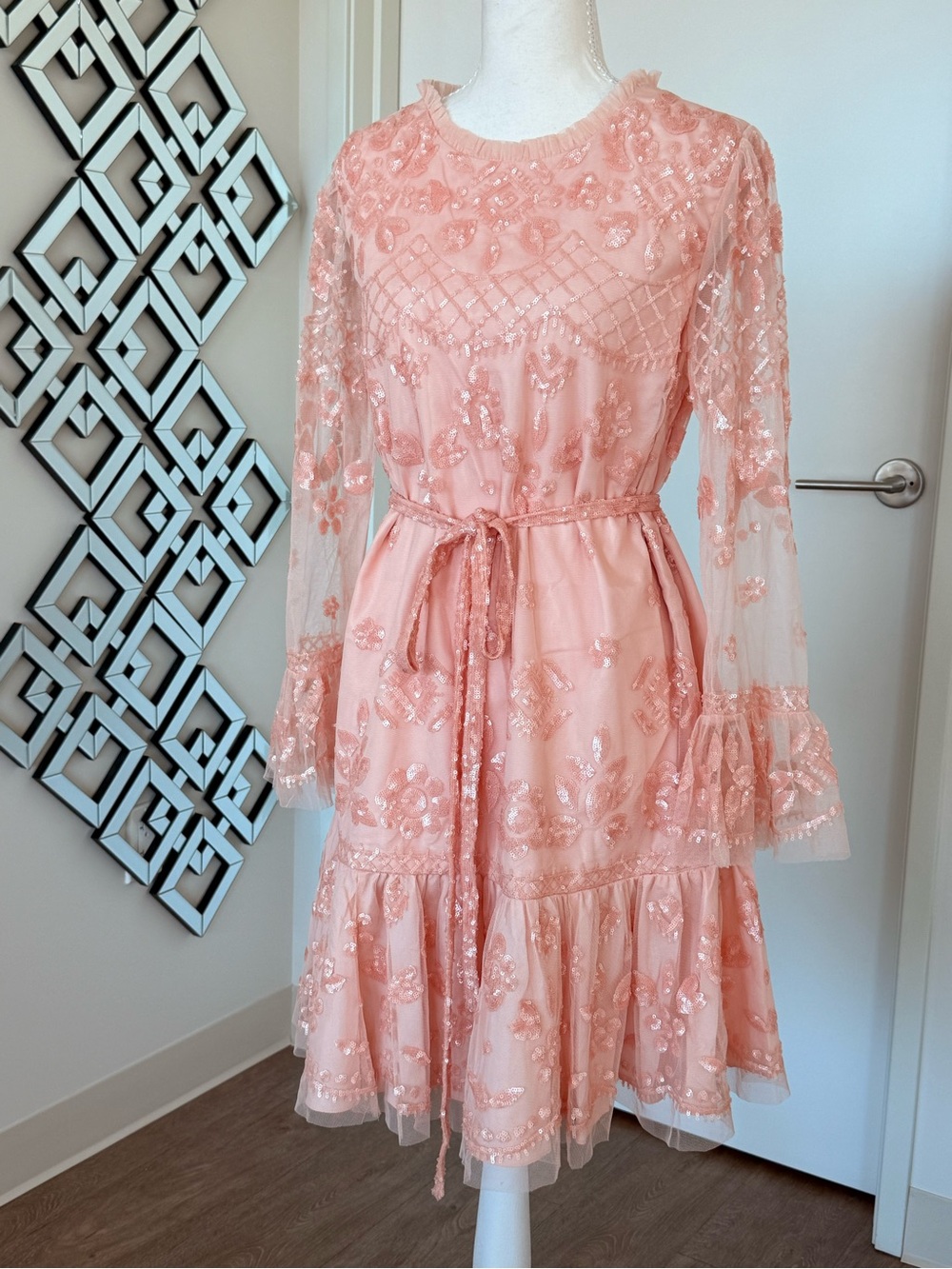 Embellished Blush Pink Long Sleeve Tea Dress